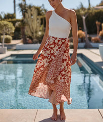 The Silky Luxe Beach to Brunch Wrap Skirt - Contrast Floral in Heirloom Red