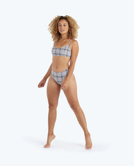 The Limited-Edition High Leg Mid Rise Bikini Bottom - Modern Plaid in White Sand