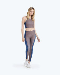 The High Neck Midi Sports Bra Tank - Gingham in Blue Mountain & Toffee