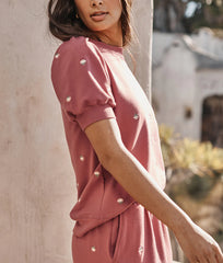 The Softest French Terry Puff Short Sleeve Top - Faded Rose Floral Stitch