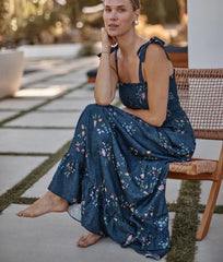 The Silky Luxe Smocked Maxi Dress - Celestial Floral in Deep Sea