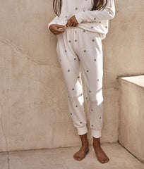 The Softest French Terry Jogger - White Sand Floral Stitch