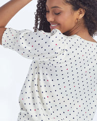 The Silky V-Neck Puff Sleeve Top - White Sand Dot