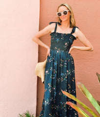 The Silky Luxe Smocked Maxi Dress - Celestial Floral in Deep Sea