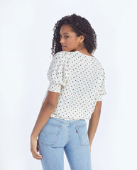 The Silky V-Neck Puff Sleeve Top - White Sand Dot