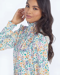 The Silky Mock Neck Blouse - Wildflower Fields in Sunshine & Coral