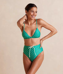 The Lace-Up High Leg High Rise Bikini Bottom - Seaglass Dot