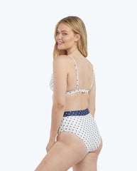 The Lace-Up High Leg High Rise Bikini Bottom - Square Dot in White Sand & Deep Sea