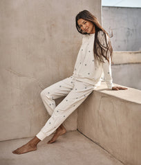 The Softest French Terry Jogger - White Sand Floral Stitch