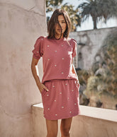 The Softest French Terry Pull-On Skirt - Faded Rose Floral Stitch