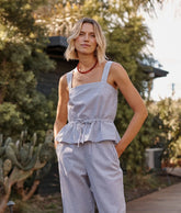 The Seersucker Cinch-Waist Tank - Driftwood & White Sand
