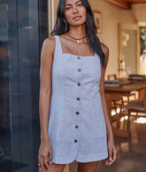 The Seersucker Button-Front Mini Dress - Driftwood & White Sand