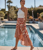 The Silky Luxe Beach to Brunch Wrap Skirt - Contrast Floral in Heirloom Red