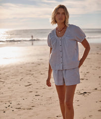 The Seersucker Puff Sleeve Top - Driftwood & White Sand