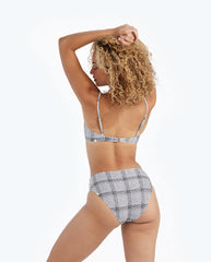 The Limited-Edition High Leg Mid Rise Bikini Bottom - Modern Plaid in White Sand