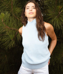 The High Neck Sweater Vest - Powder Blue & White Sand