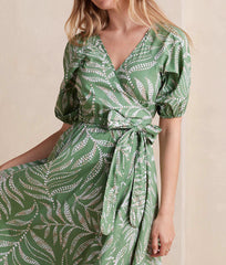 The Coastal Poplin Puff-Sleeve Wrap Midi Dress - Dotted Palms in Seagreen & White Sand