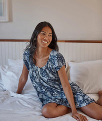 The Silky Luxe Puff Sleeve Nightgown - Wisteria Floral Navy