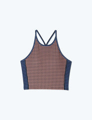 The High Neck Midi Sports Bra Tank - Gingham in Blue Mountain & Toffee