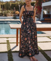 The Silky Luxe Smocked Maxi Dress - Orchard Trellis in Sea Urchin