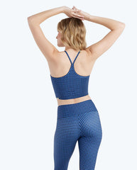The High Neck Midi Sports Bra Tank - Gingham in Blue Mountain & Toffee