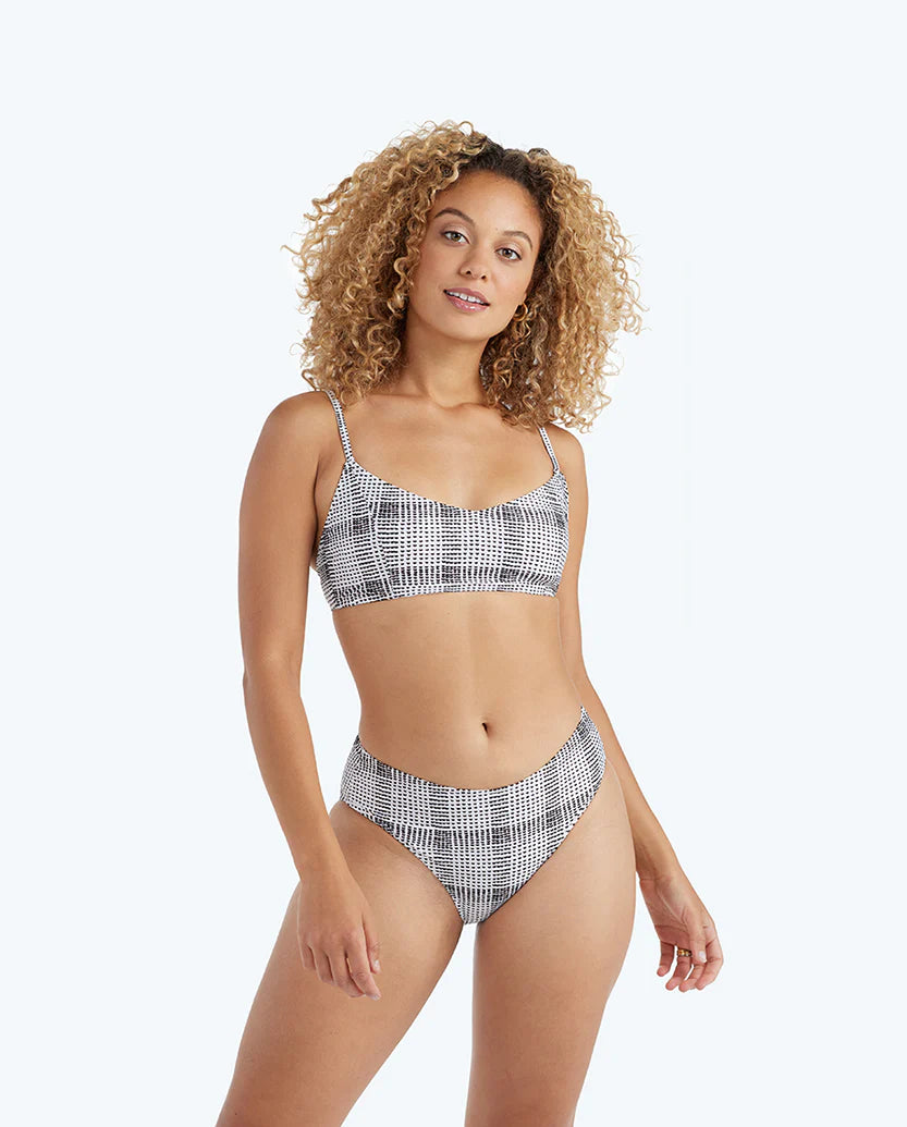 The Limited-Edition High Leg Mid Rise Bikini Bottom - Modern Plaid in White Sand