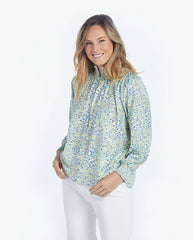 The All Dressed Up Button Up Blouse - Painted Floral in Slate & Powder Blue