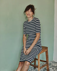 The Softest Ribbed Crew Neck Dress - Deep Sea & White Sand Stripe