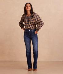 The Perfect Smocked Cotton Top - Buffalo Check in Midnight & Toffee