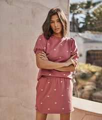 The Softest French Terry Puff Short Sleeve Top - Faded Rose Floral Stitch