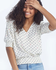 The Silky V-Neck Puff Sleeve Top - White Sand Dot