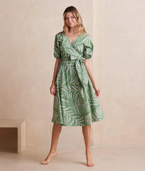 The Coastal Poplin Puff-Sleeve Wrap Midi Dress - Dotted Palms in Seagreen & White Sand
