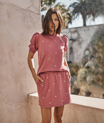 The Softest French Terry Pull-On Skirt - Faded Rose Floral Stitch