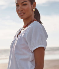 The Seersucker Puff Sleeve Top - White Sand