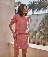 The Softest French Terry Pull-On Skirt - Faded Rose Floral Stitch