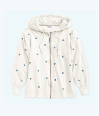 The Softest French Terry Puff-Sleeve Hoodie - White Sand Floral Stitch