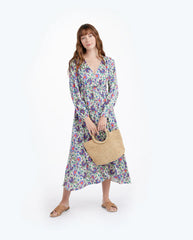 The Cinched Waist Caftan Dress - Scroll Block Print in Violet & Lava
