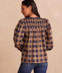 The Perfect Smocked Cotton Top - Buffalo Check in Midnight & Toffee