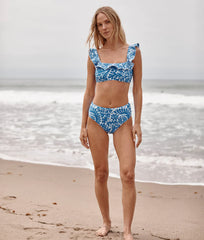 The Ruffle Seaway Square Neck Bikini Top - Floral Wave in Azure