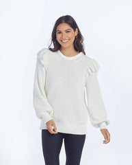 The Flirty Ruffle Sleeve Sweater - White Sand