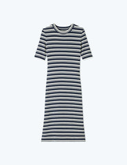 The Softest Ribbed Crew Neck Dress - Deep Sea & White Sand Stripe