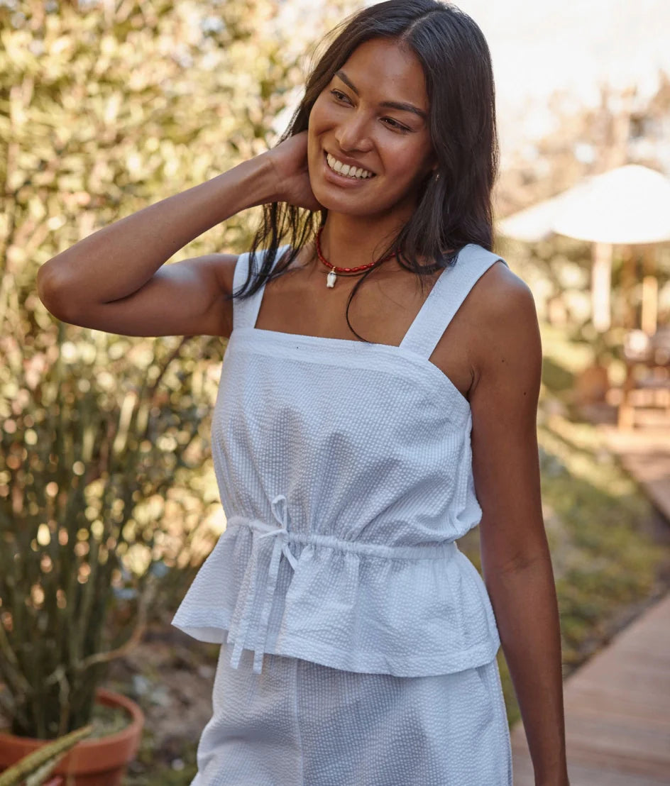 The Seersucker Cinch-Waist Tank - White Sand
