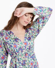 The Cinched Waist Caftan Dress - Scroll Block Print in Violet & Lava