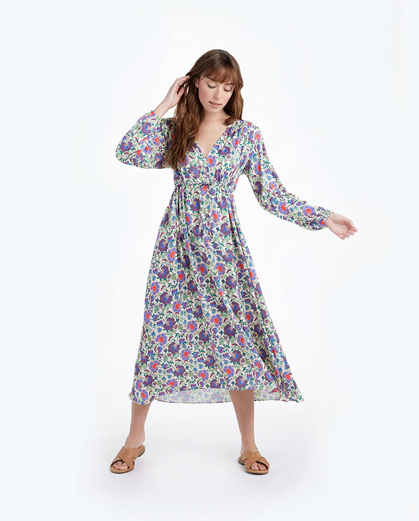 The Cinched Waist Caftan Dress - Scroll Block Print in Violet & Lava